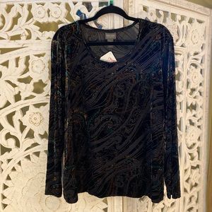Black Burnout Velvet Paisley Holiday Blouse Boatneck XL